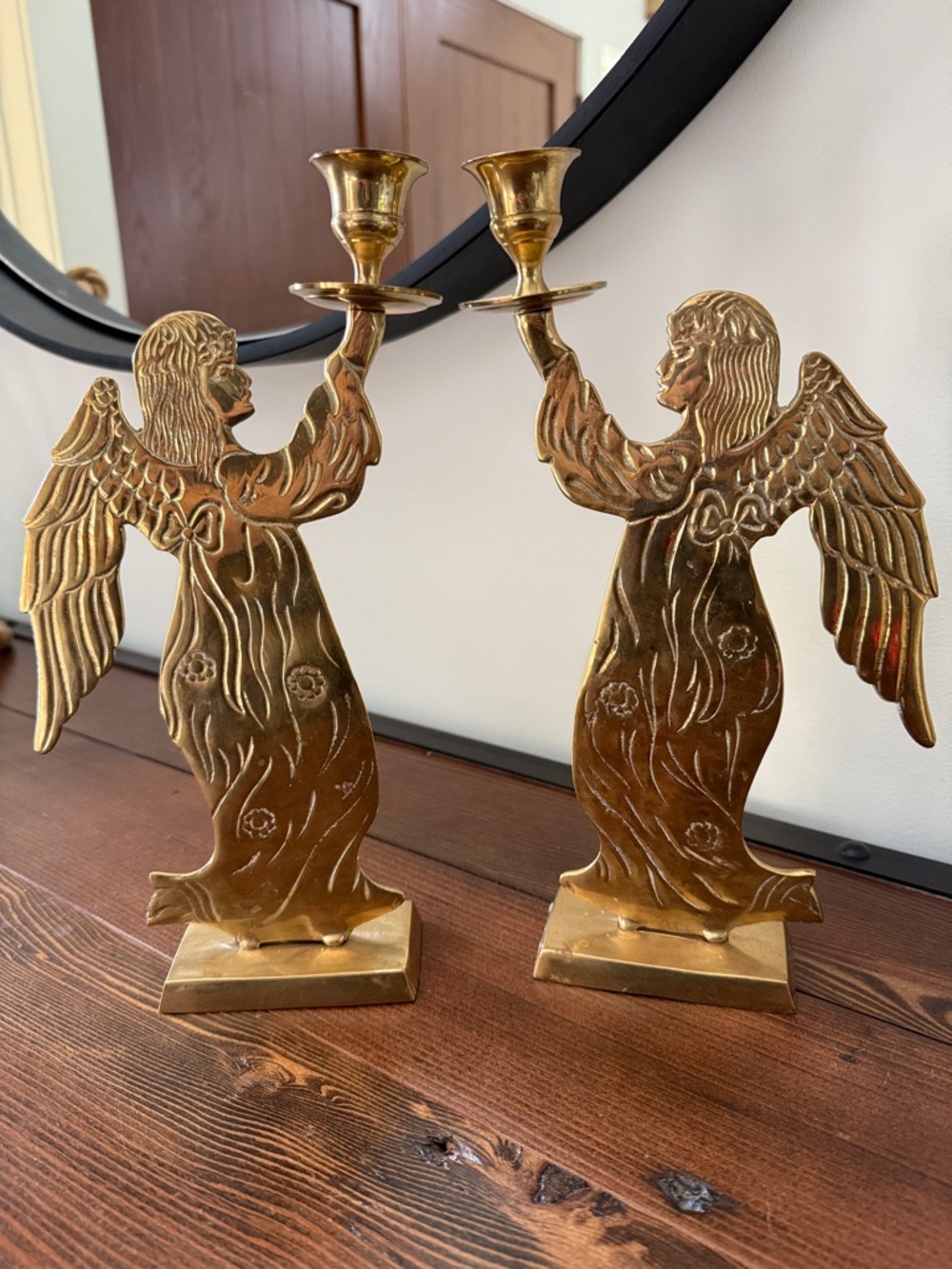 Brass Angel Candlestick Holders - Pair 11” tall For Tapered Candles